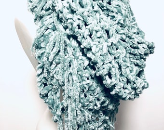 Crochet shawl scarf wrap MARGARITA ICE chunky knit cozy warm soft thick fringe fuzzy aqua seafoam vegan chenille yarn gift lounge boho