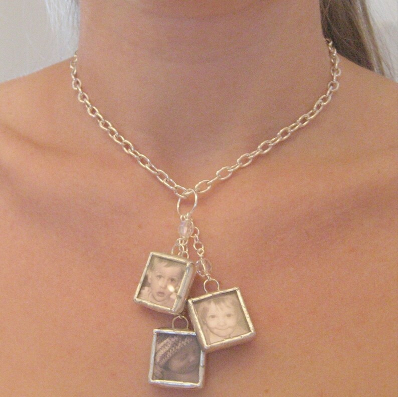 CUSTOM MULTIPLE PHOTO memory keepsake charm necklace 3 soldered glass dangle pendants on silver plated link chain with crystals image 4