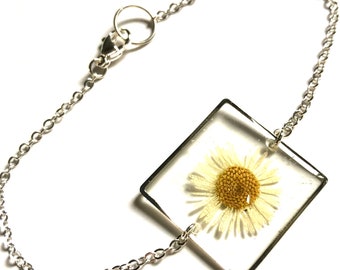 Silver square fixed charm bracelet real natural dried pressed white daisy flower set in resin PNW terrarium link cable chain 8 inch