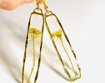 Gold rectangle earrings real natural dried pressed flower set in resin PNW terrarium wildflower boho fairy ear wires handmade yellow skinny