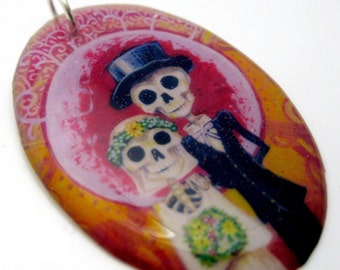 Bride and her Groom Resin art pendant charm- featuring original sugar skull artwork by FloweroftheDead skeleton wedding dark goth