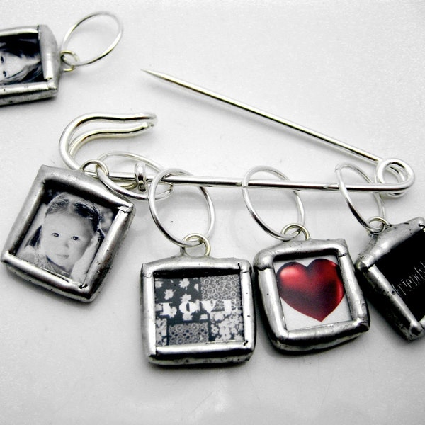 Aangepaste gesoldeerde breisteekmarkeringen foto geheugenglas minibedels omkeerbaar met je foto's gepersonaliseerd cadeau pin erfstukbroche