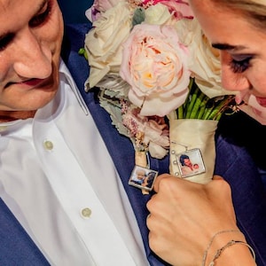 Benutzerdefinierte HOCHZEIT Charme Foto Speicher gelötet Glas personalisierte Reize reversibel mit Ihren 2 Bildern oder Bilder werfen Blumenstrauß Boutonniere Bild 6