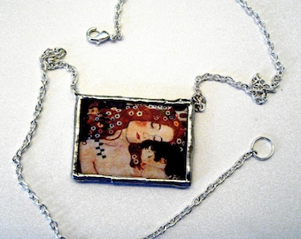 Klimt Mother and Child close up soldered glass pendant on silver plated link necklace The Three Ages of Woman mother's day gift present mom