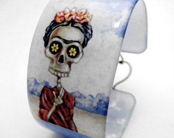 Beautiful blue Frida in Red Resin art cuff bangle bracelet - featuring original sugar skull artwork by FloweroftheDead