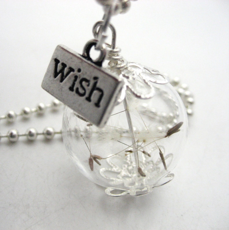 WISH dandelion seed glass bubble charm necklace on 24 inch silver ball chain wishing pendant great birthday and bridesmaid gift real image 1