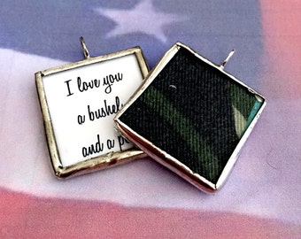 Vidro soldado com memória fotográfica de tecido MILITAR CHARM personalizado personalizado reversível com suas fotos de tecido ou memorial de presente de implantação de texto