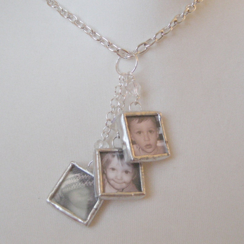 CUSTOM MULTIPLE PHOTO memory keepsake charm necklace 3 soldered glass dangle pendants on silver plated link chain with crystals image 2