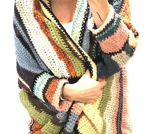 COCOON striped cardigan shawl collar sweater crochet cozy warm soft yarn gift lounge boho open wrap stripe multicolor one of a kind handmade