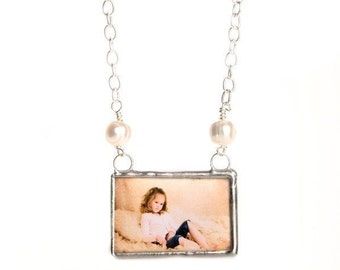 CUSTOM PHOTO memory keepsake necklace soldered glass pendant on silver plated link chain with freshwater pearls