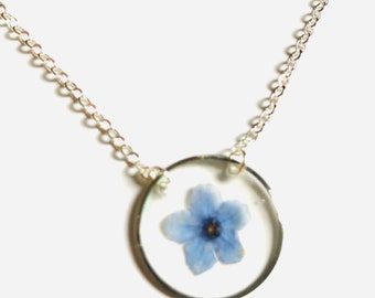 Silver mini circle necklace baby blue real natural dried pressed forget me not flower set in resin PNW terrarium flowers something blue