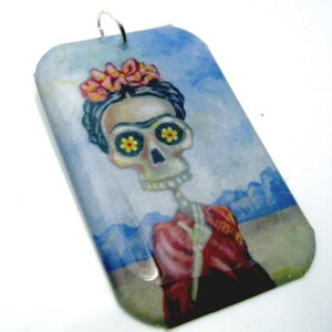 Frida in Red Resin art pendant- featuring original sugar skull artwork by FloweroftheDead blue kahlo wearable art charm cobalt