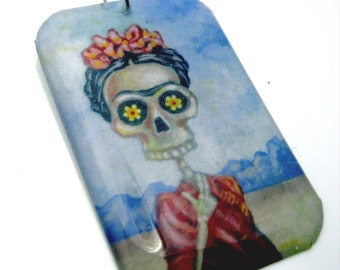 Frida in Red Resin art pendant- featuring original sugar skull artwork by FloweroftheDead blue kahlo wearable art charm cobalt