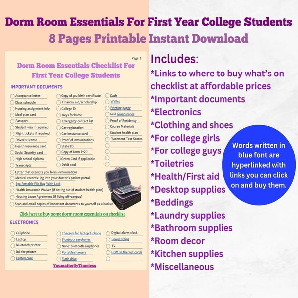 Dorm Room Essentials Checklist For First Year College Students and Parents | Printable | Back to School | Dorm Checklist | Freshman Dorm