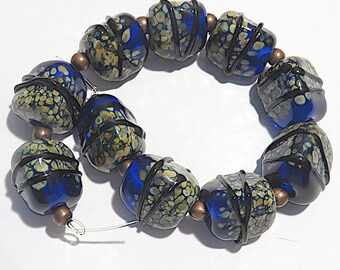 Intense Blue & Raku Wedges, Handmade  Glass Lampwork Beads