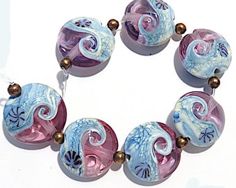 Lavender Rose, Sea of Blues,   Lentils, Glass Lampwork Sea  Beads