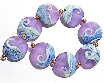 Etched Lavender Beachy Lentils, Handmade Glass Lampwork  Beads