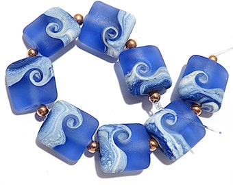 Etched  Medium Blues Beachy  Nuggets, Handmade Glass Lampwork Beads,