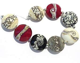 Ivory, Red  & Black Strata Lentils,  Handmade Glass  Lampwork  Beads,