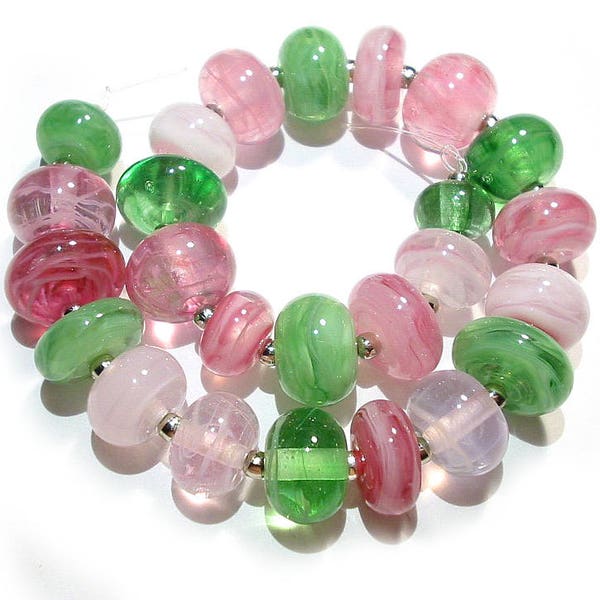 25 Handmade Glass SRA Lampwork Beads, Emily Spring Pink & Green Rounds