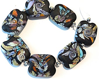 Etched Reactive Colors on Black Squeezed, Lampwork  Glass  Beads,