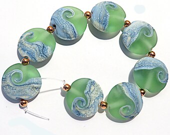 Etched Soft Pastel  Green Beachy Lentils, Glass Lampwork Sea  Beads