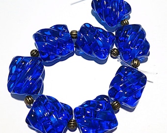 Intense Blue Groovy Nuggets, Handmade Glass Lampwork Beads