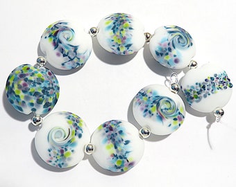 Etched Delphinium Blues Lentils, Handmade  Glass Lampwork Beads