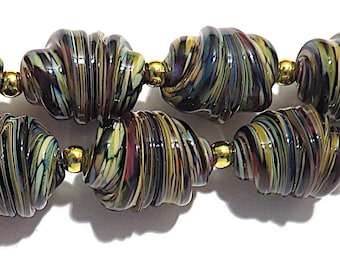 Dark Raku Whirled, Handmade Glass  Lampwork Beads