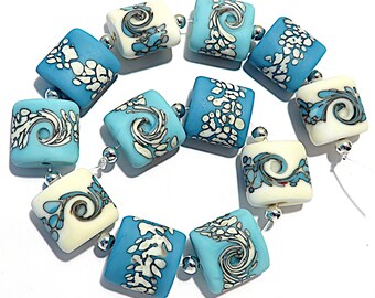 12 Etched Turquoise & Ivory Nuggets, Handmade Glass Lampwork Beads