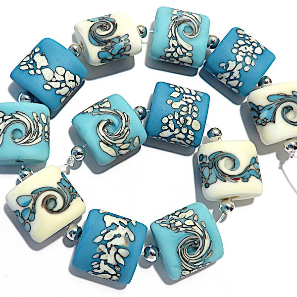 12 Etched Turquoise & Ivory Nuggets, Handmade Glass Lampwork Beads