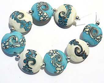 Ivory and Turquoise Smoothie Lentils, Handmade  Lampwork  Beads