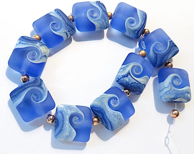 10 Etched Blue Ocean Beaches Nuggets, Handmade Glass Lampwork Sea Beads ...