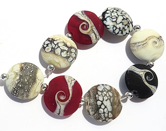 Etched Ivory, Red  & Black  Lentils,   Lampwork  Beads,