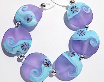 Etched Lavender Tropical Seas  Lentils, Glass Lampwork Sea  Beads
