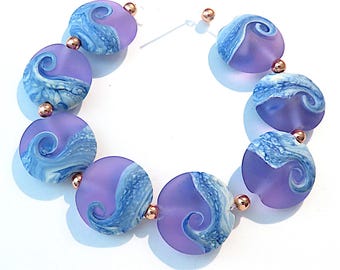 Etched  Lavender Beachy  Lentils, Handmade Glass Lampwork Beads