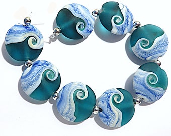 Softly Etched  Teal  Beaches Lentils, Handmade Glass Lampwork Beads