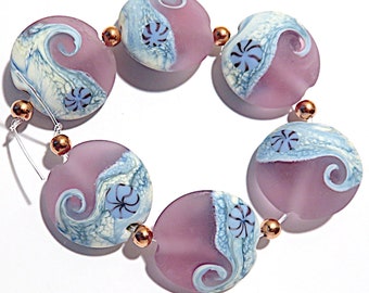 Etched Cloudy  Seas  Lentils, Glass Lampwork Sea  Beads