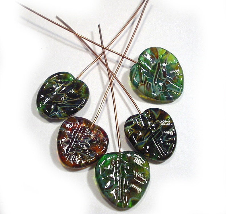 10 Leaf Headpins Handmade Glass Lampwork Leaves