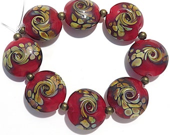 Red Raku  Lentils, Handmade Glass Lampwork Beads
