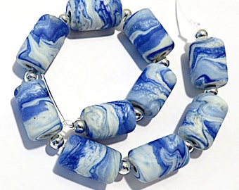 Etched Petit  Ivory Blues Tubes, Handmade Glass Lampwork