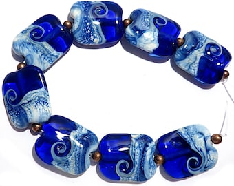 Cobalt Blue Beaches Squeezed, Handmade Glass  Lampwork  Beads