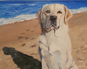 Pet Portrait, Custom, Yellow Labrador Retriever with Seascape Painting Background by American Animal Artist Robin Zebley