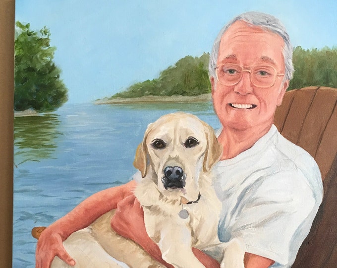 Dog Painting, Portrait with Owner, Oils on Canvas by American Artist Robin Zebley