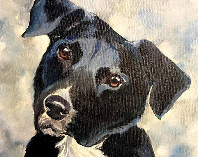Mother's Day Sale Black Dog Oil Painting Portrait, Large, 18" x 24"  Gallery Wrapped, Traditional Handpainted by Pet Artist Robin Zebley