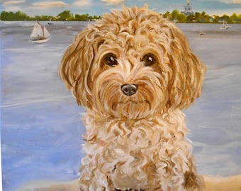 Very Large Dog Oil Painting Art, Custom 48" x 36" Pet Portrait with Landscape Background Painted from your photos by Artist Robin Zebley