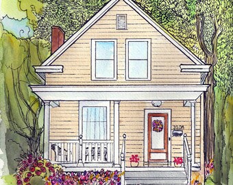Home Portrait Watercolor and Ink Painting from picture, with garden in full bloom, 11" x 14" with mat, ready to frame, artist Robin Zebley