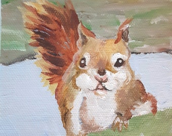 Oil Painting, Cute Mini 4" x 4" Frisky Squirrel Original Art