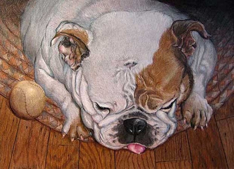 May include: A white and brown bulldog with a pink tongue sticking out is lying on a patterned rug. The dog has its eyes closed and appears to be sleeping. A brown and white baseball is in the foreground.