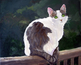 Oil Painting of Cat in the Garden PAINT TO ORDER on real stretched canvas,  Handpainted by Robin Zebley 8" x 10"